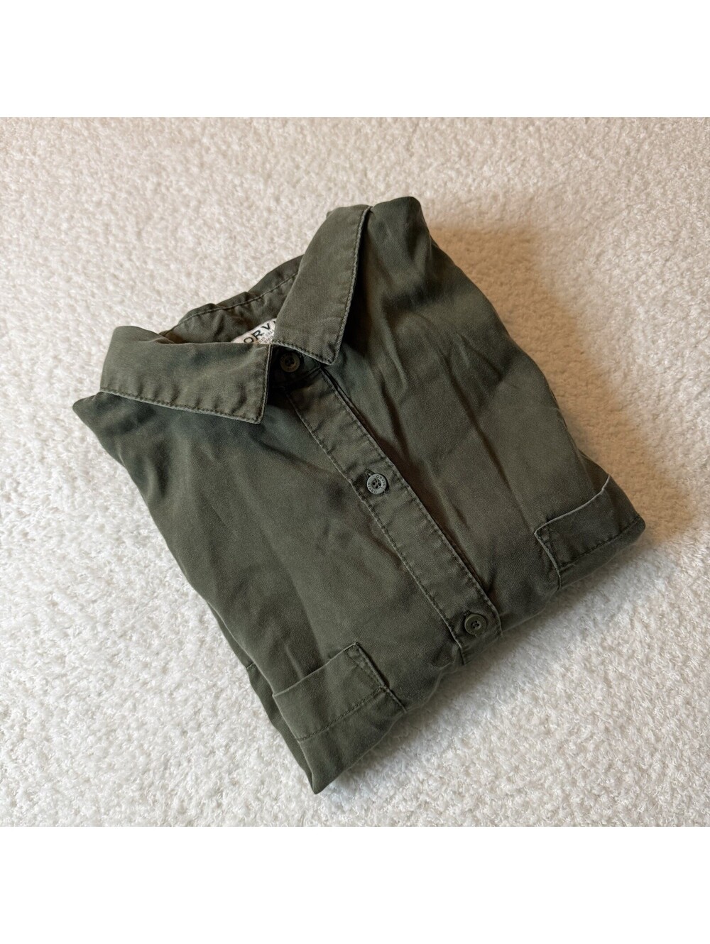 Orvis Women’s M Olive Green Lyocell Shirt Dress Button Front Utility Pockets